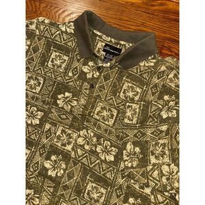 VTG Y2K No Boundaries Polo Mens Large Green Brown Floral‎ Hawaiian Tropical